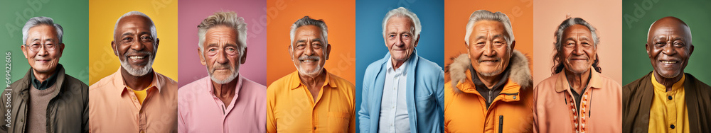 Collage of mixed race happy elderly men on bright backgrounds, panorama. Lot of smiling multicultural faces looking at camera. Human resource society database concept. Collage of mixed race happy elderly men on bright backgrounds, panorama. Lot of smiling multicultural faces looking at camera. Human resource society database concept.