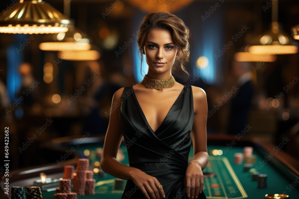Beautiful woman dealer in casino, plays poker blackjack roulette in the casino - obrazy, fototapety, plakaty 
