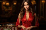 Beautiful girl plays poker blackjack roulette in the casino, Woman dealer near the table in the casino