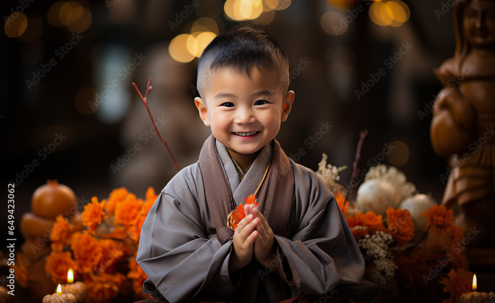 Meditation. Asian baby holds hands in praying gesture, has sense of inner peace. Temple interior. Novice monk and candle lights. Look at camera - obrazy, fototapety, plakaty 