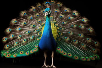 flamboyant male peacock in front of black background