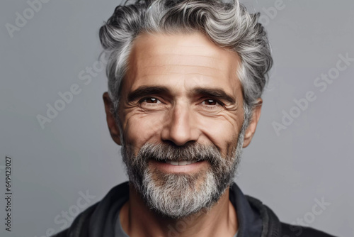 a closeup photo portrait of a handsome old mature man smiling with clean teeth. for a dental ad. guy with fresh stylish hair and beard with strong jawline. isolated on white background. © Karol