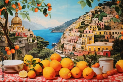 Fotografie, Obraz A vibrant collage of summer in Italy's Positano, known for its Amalfi coast and citrus fruits