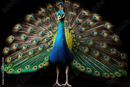 flamboyant male peacock in front of black background