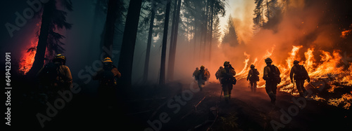 Shot From The Back of a Professional Firefighters Steadily Extinguishing a Forest Fire with the Help of a Fire Hose. Firemen Team Rescuing Wildland from Uncontrollable Brushfire.