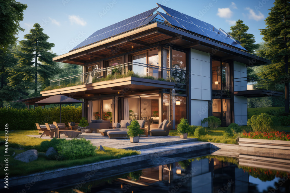 Obraz premium A concept of energy-efficient buildings with integrated solar panels and passive design principles. Generative Ai.