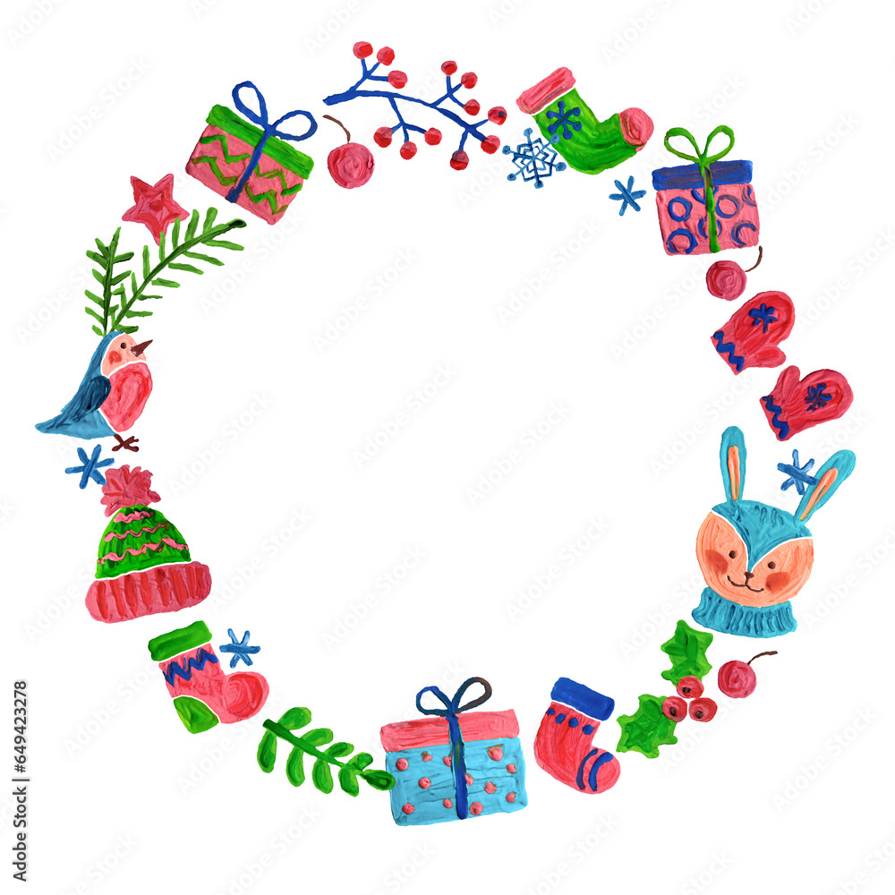Christmas wreath. Pretty funny decoration holiday frame. Hand painting acrylic, oil paint or gouache matte simple doodle kawaii isolated png art. Brush stroke kid style pasty texture banner background Christmas wreath. Pretty funny decoration holiday frame. Hand painting acrylic, oil paint or gouache matte simple doodle kawaii isolated png art. Brush stroke kid style pasty texture banner background