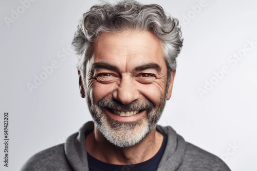 a closeup photo portrait of a handsome old mature man smiling with clean teeth. for a dental ad. guy with fresh stylish hair and beard with strong jawline. isolated on white background.