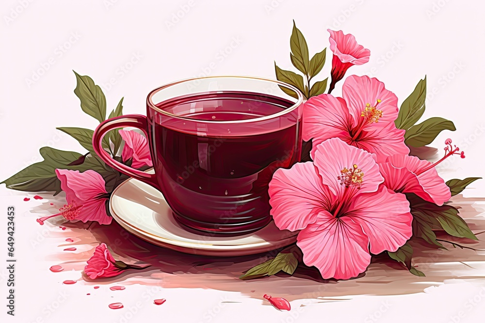 Illustration of cup of hibiscus tea - obrazy, fototapety, plakaty 