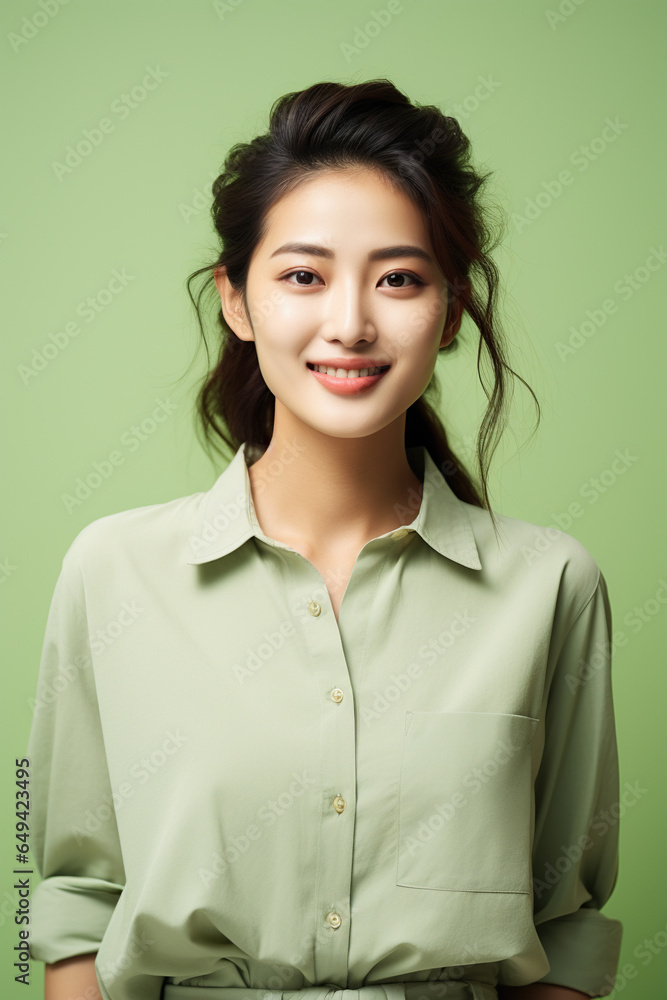 Portrait of happy asian adult woman looking at camera and smiling while standing on green background. Portrait of happy asian adult woman looking at camera and smiling while standing on green background.