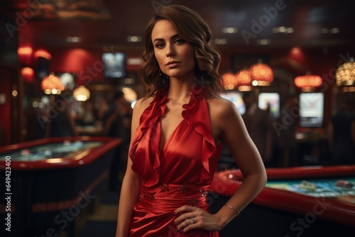 Beautiful girl plays poker blackjack roulette in the casino  Woman dealer near the table in the casino