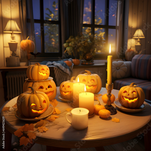 Halloween pumpkin on a table with candles, cozy room, nighttime (ID: 649423639)