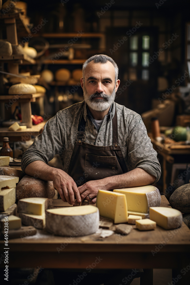 Crafting Artisan Cheese: A Cheesemaker's Haven. Man with cheese wheels at the storage Crafting Artisan Cheese: A Cheesemaker's Haven. Man with cheese wheels at the storage