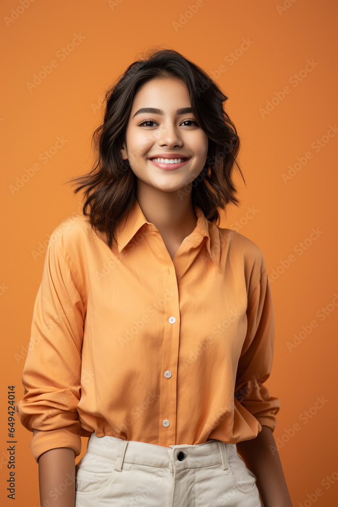 Portrait of happy indian teenager girl looking at camera and smiling while standing on orange background. Portrait of happy indian teenager girl looking at camera and smiling while standing on orange background.