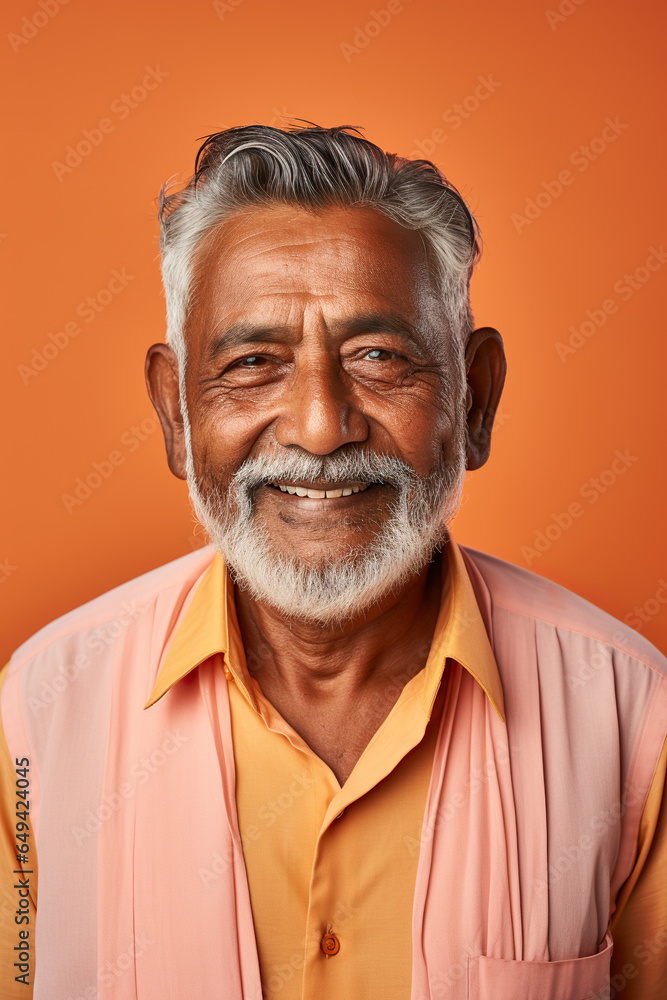 Portrait of happy indian old man looking at camera and smiling while standing on orange background. Portrait of happy indian old man looking at camera and smiling while standing on orange background.