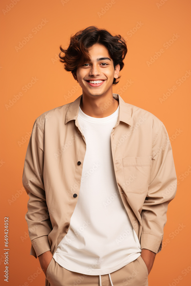 Portrait of happy indian teenager boy looking at camera and smiling while standing on orange background. Portrait of happy indian teenager boy looking at camera and smiling while standing on orange background.