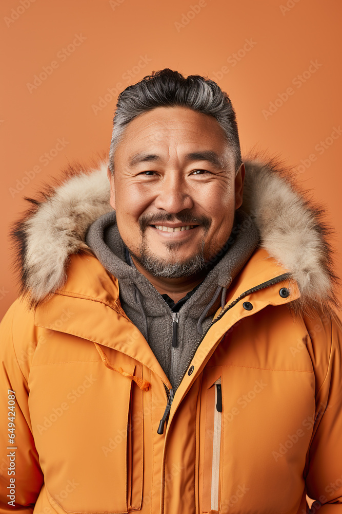 Portrait of happy inuit adult man looking at camera and smiling while standing on orange background. Portrait of happy inuit adult man looking at camera and smiling while standing on orange background.