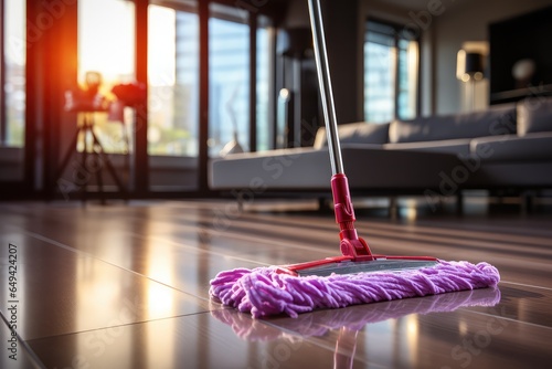 Close up of mop cleaning floor in living room at home. generative AI