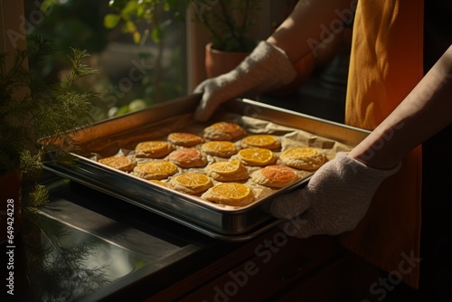 Guided by the safety of an oven mitt, a hand gracefully presents a tray laden with golden biscuits, their flaky layers hinting at buttery goodness and homespun comfort.