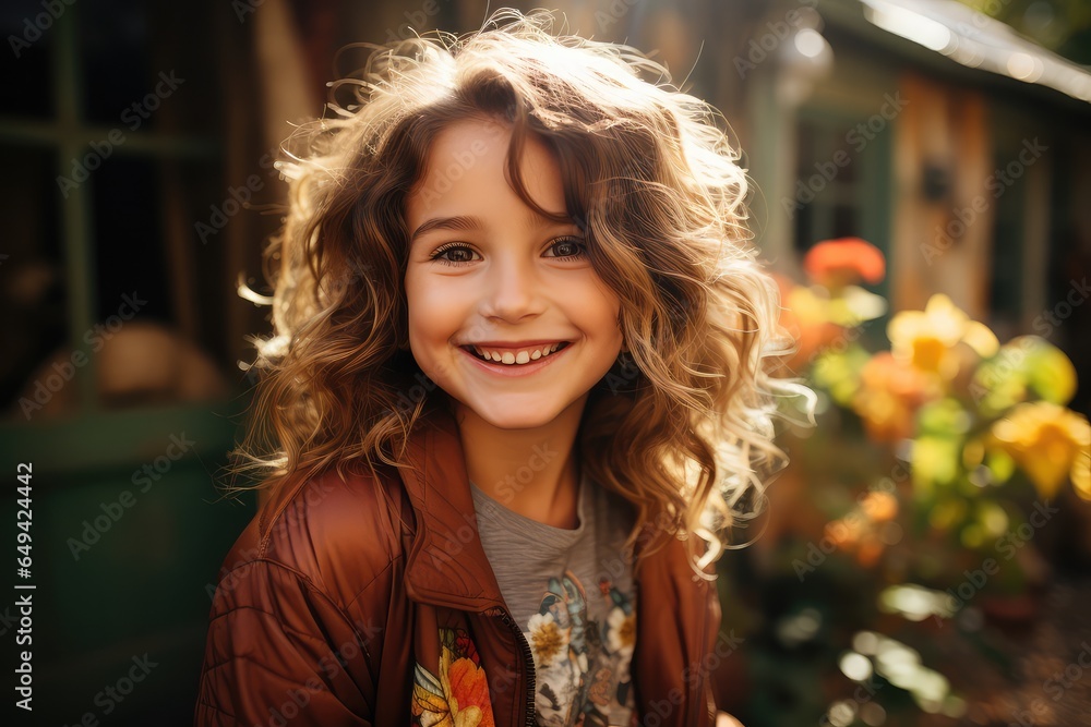 Portrait of a cute little girl with curly hair smiling at camera outdoors. generative AI Portrait of a cute little girl with curly hair smiling at camera outdoors. generative AI