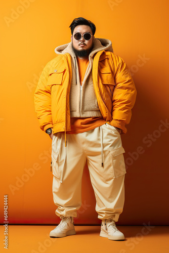 Studio shot of handsome fat asian man in yellow fashion look. Confident guy in fashionable suit standing on solid pink yellow background