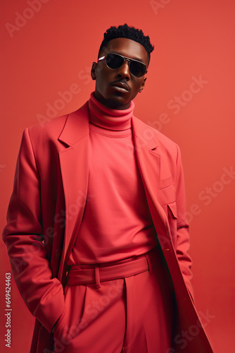 Studio shot of handsome black man in red costume, fashion look. Confident guy in fashionable suit standing on solid red background