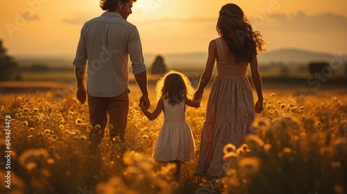 Happy family walking in the field at sunset. Mother, father and daughter having fun outdoors. generative AI