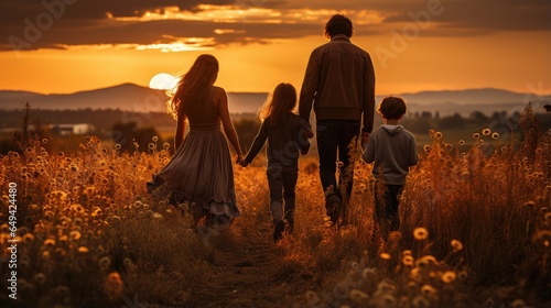 Father with children in wheat field at sunset. Concept of family without mother, lost mother. generative AI