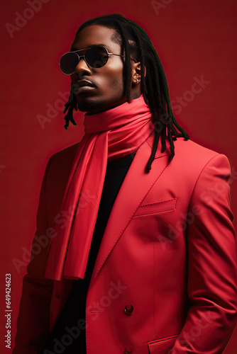 Studio shot of handsome black man with long hair in red costume, fashion look. Confident guy in fashionable suit standing on solid red background