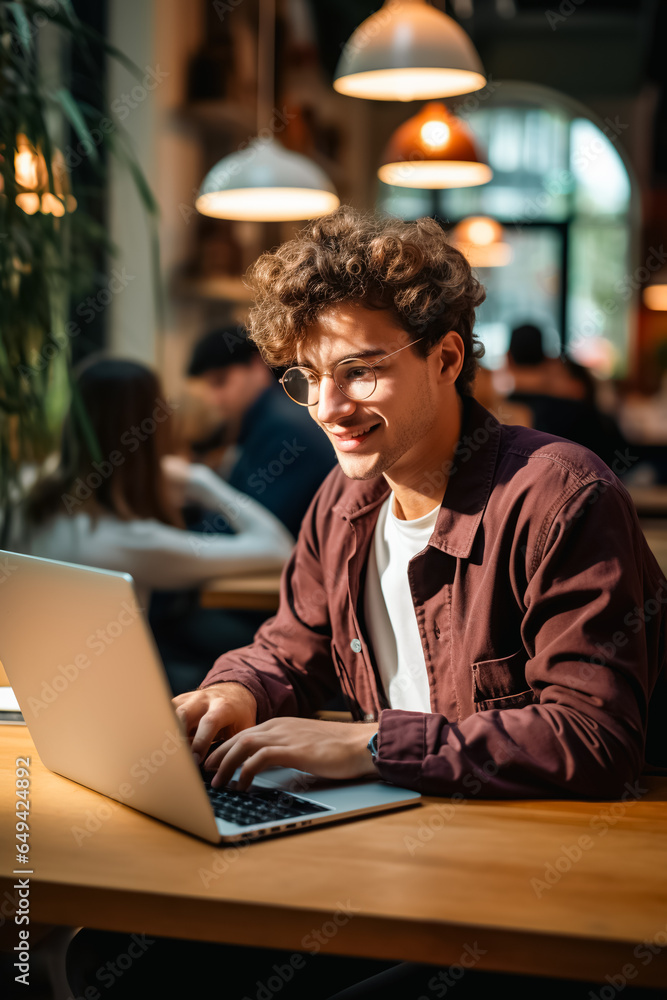 Man in coffee shop, laptop and small business owner, entrepreneur in hospitality management and connectivity. Happy male professional, cafe franchise and wireless connection with digital admin on pc Man in coffee shop, laptop and small business owner, entrepreneur in hospitality management and connectivity. Happy male professional, cafe franchise and wireless connection with digital admin on pc