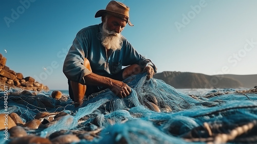 Fotografia Old fisherman hands sewing blue fishing nets sitting on the ground and surrounde