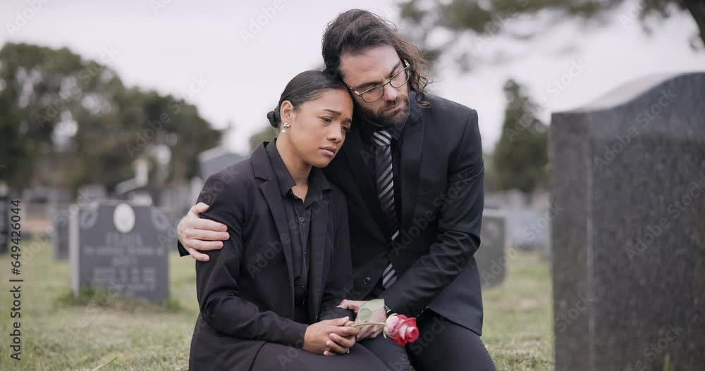Sad couple, rose and graveyard in loss, grief or mourning at funeral ...
