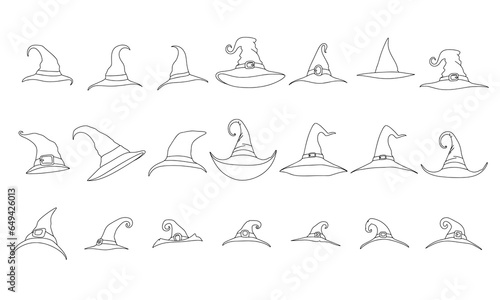 Witch hats in doodle style collection isolated on white background. Hand drawn outline Halloween hats. Vector illustration.