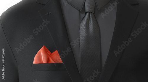 Blank red folded pocket square in black classic suit mockup