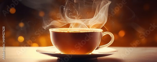 Hot tea with steam in a cup, on a dark background. Generative AI.