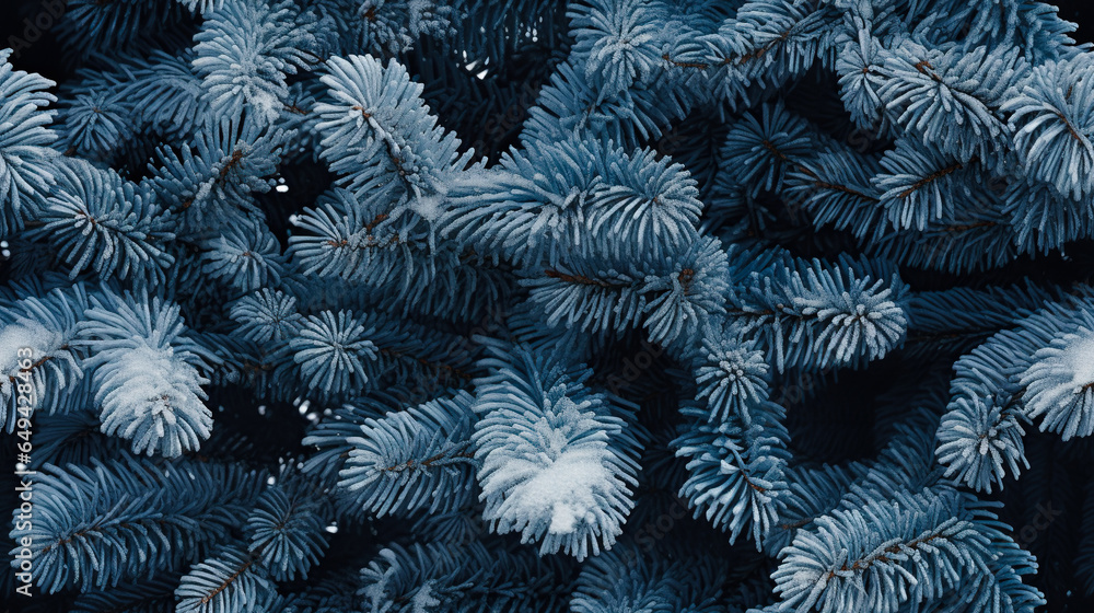 Fir tree brunch with snow close up. Shallow focus. Fluffy fir tree brunch close up. Christmas wallpaper concept. Copy space.