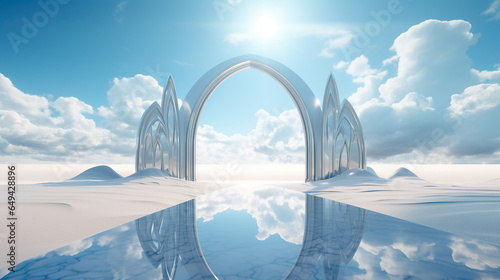 abstract panoramic background, northern futuristic landscape, fantastic scenery with calm water, simple geometric mirror arches and pastel blue gradient sky. Minimal zen aesthetic wallpaper