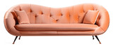 Front view, dust pink, peachy, upholstered, velvet sofa isolated on the transparent background PNG.