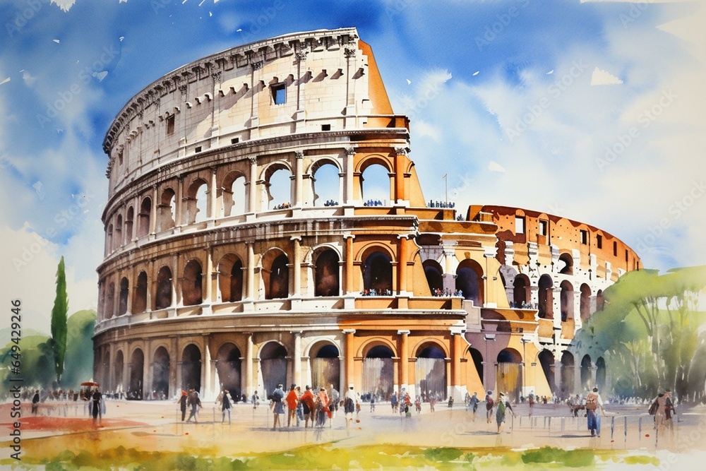 A watercolor painting of the famous Roman Colosseum in Italy. Generative AI