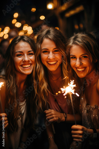 Group of cheerful young people carrying sparklers and champagne flutes. Generative AI