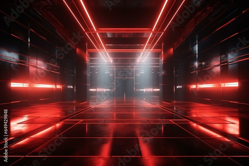 Futuristic smoky room with neon lights, lasers, and concrete, reflecting a red electric atmosphere in a cyber underground warehouse club. 3D rendering. Generative AI