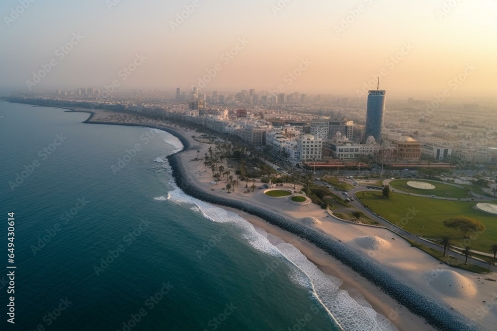 Aerial view of Jeddah city beach overlooking the Red Sea corniche and waterfront. Generative AI