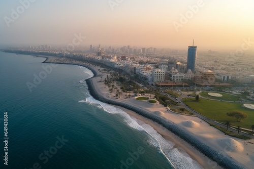 Aerial view of Jeddah city beach overlooking the Red Sea corniche and waterfront. Generative AI