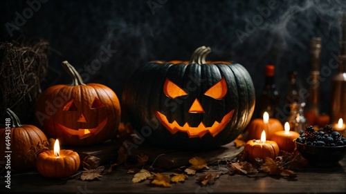 Halloween pumpkins with candles on dark background  halloween concept