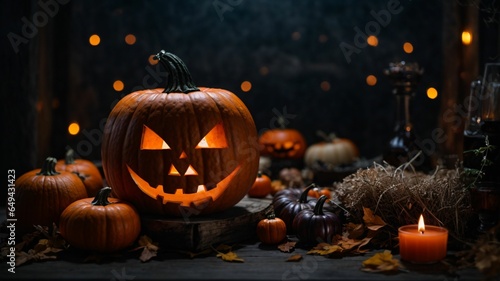 Halloween pumpkins with candles on dark background, halloween concept © igor.nazlo