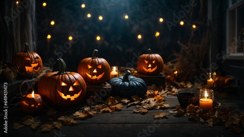 Halloween pumpkins with candles on dark background, halloween concept © igor.nazlo
