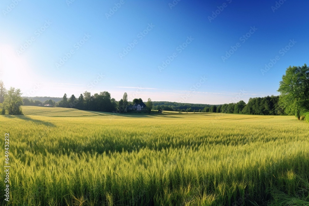 A clear sky over rural farmlands on a bright summer morning. Generative AI