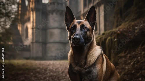 belgian malinois dog in a spooky halloween setting, gothic, castle background photo