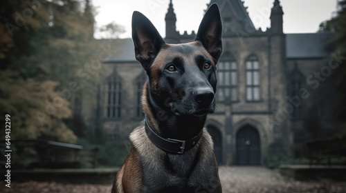 belgian malinois dog in a spooky halloween setting, gothic, castle background