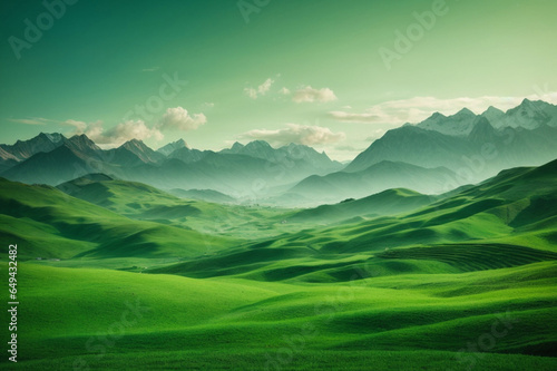a picture of green grass and mountains, fog